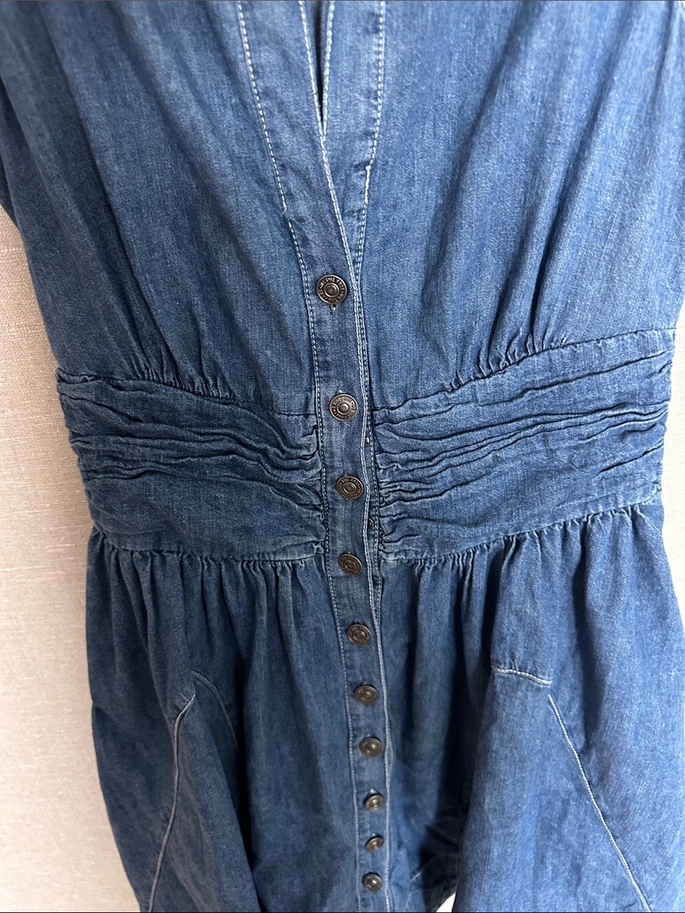Free People Denim Mini Dress | Button Front | Puff Sleeve | XS - Picture 3 of 6